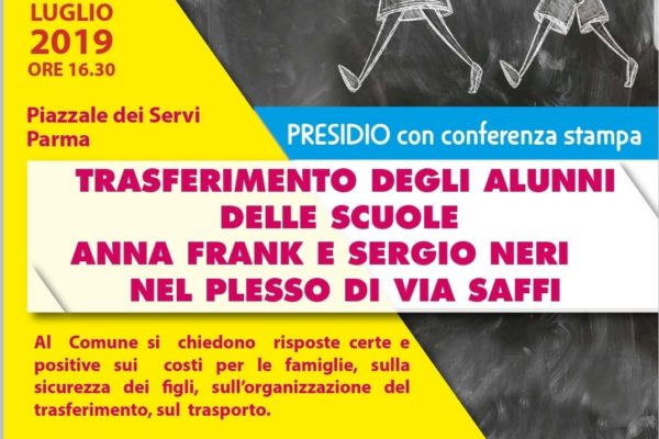 INVITO STAMPA – 30 luglio, ore 16.30,  PRESIDIO e CONFERENZA STAMPA genitori delle scuole Anna Frank e Sergio Neri con Federconsumatori Parma