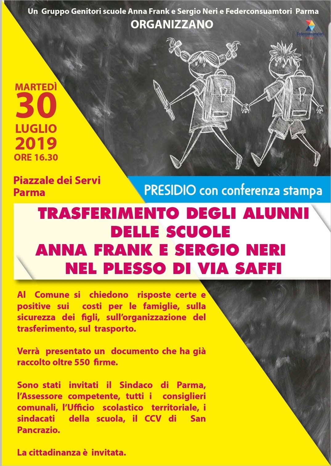 Al momento stai visualizzando INVITO STAMPA – 30 luglio, ore 16.30,  PRESIDIO e CONFERENZA STAMPA genitori delle scuole Anna Frank e Sergio Neri con Federconsumatori Parma