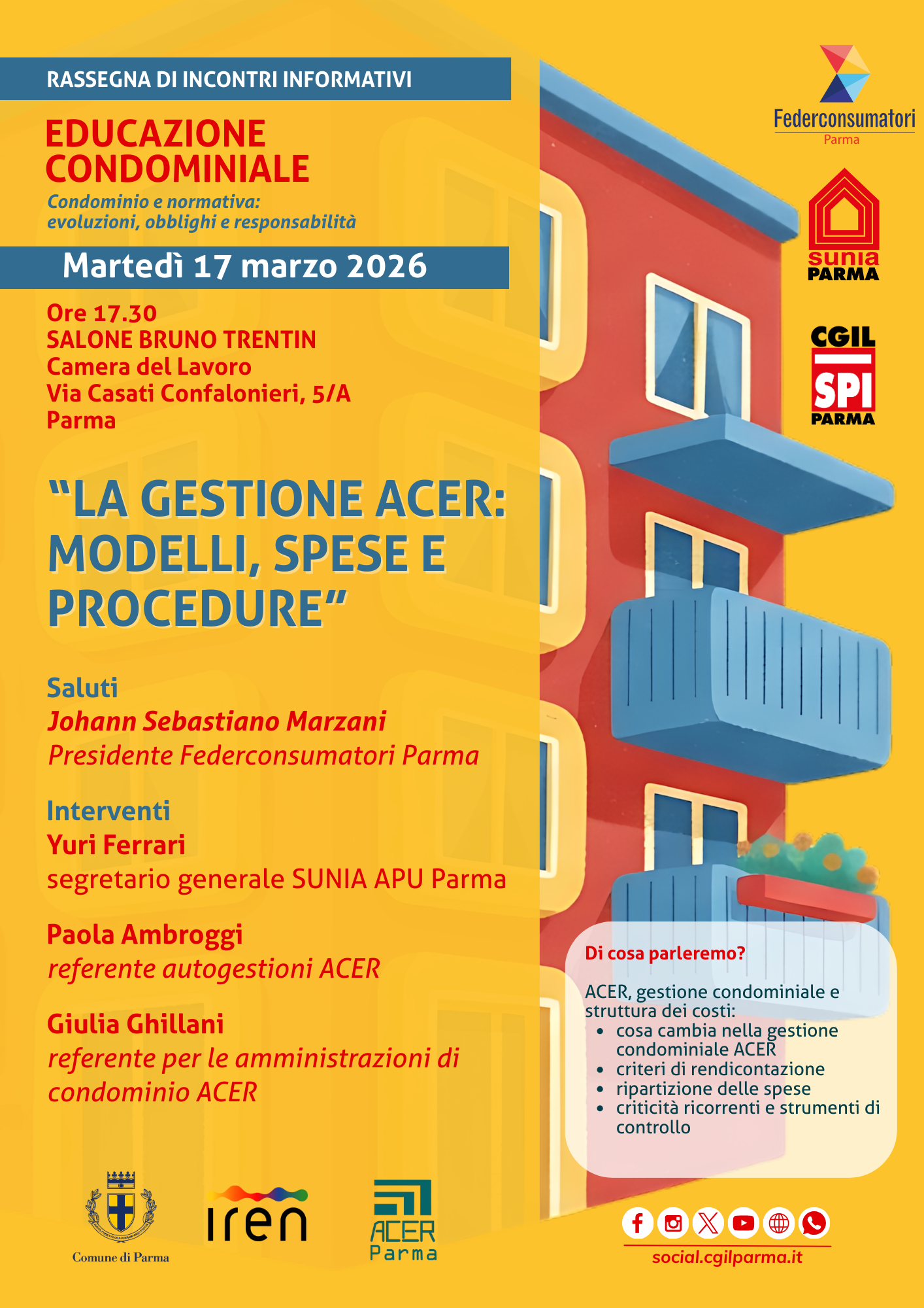 Al momento stai visualizzando “Educazione condominiale”, il 17 marzo terzo appuntamento della rassegna organizzata da SUNIA, Federconsumatori e SPI CGIL Parma